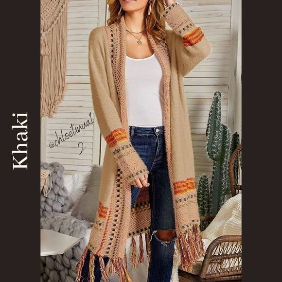 NEW Bohemian Tribal Fringe Cardigan With Pockets - Picture 6 of 10